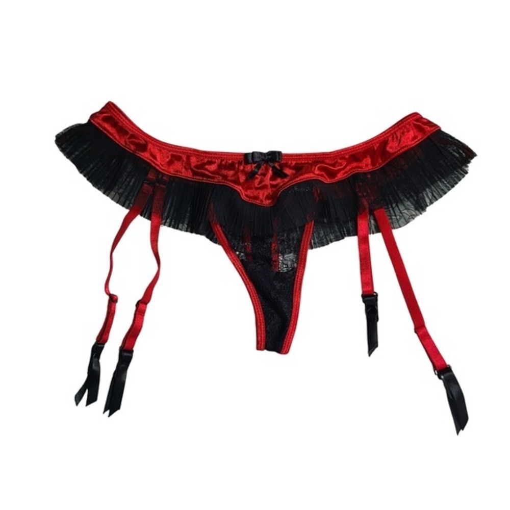 Oh La La Cheri Tres Sexy Red‎ Black Satin Womens Panties L Thong Lace Ruffles